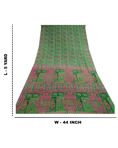 Sanskriti Vintage Green Sarees 100% Pure Silk Printed Sari 5Yd Soft Craft Fabric, PR-56613-Green-Printed Floral Design-Pure Silk-8