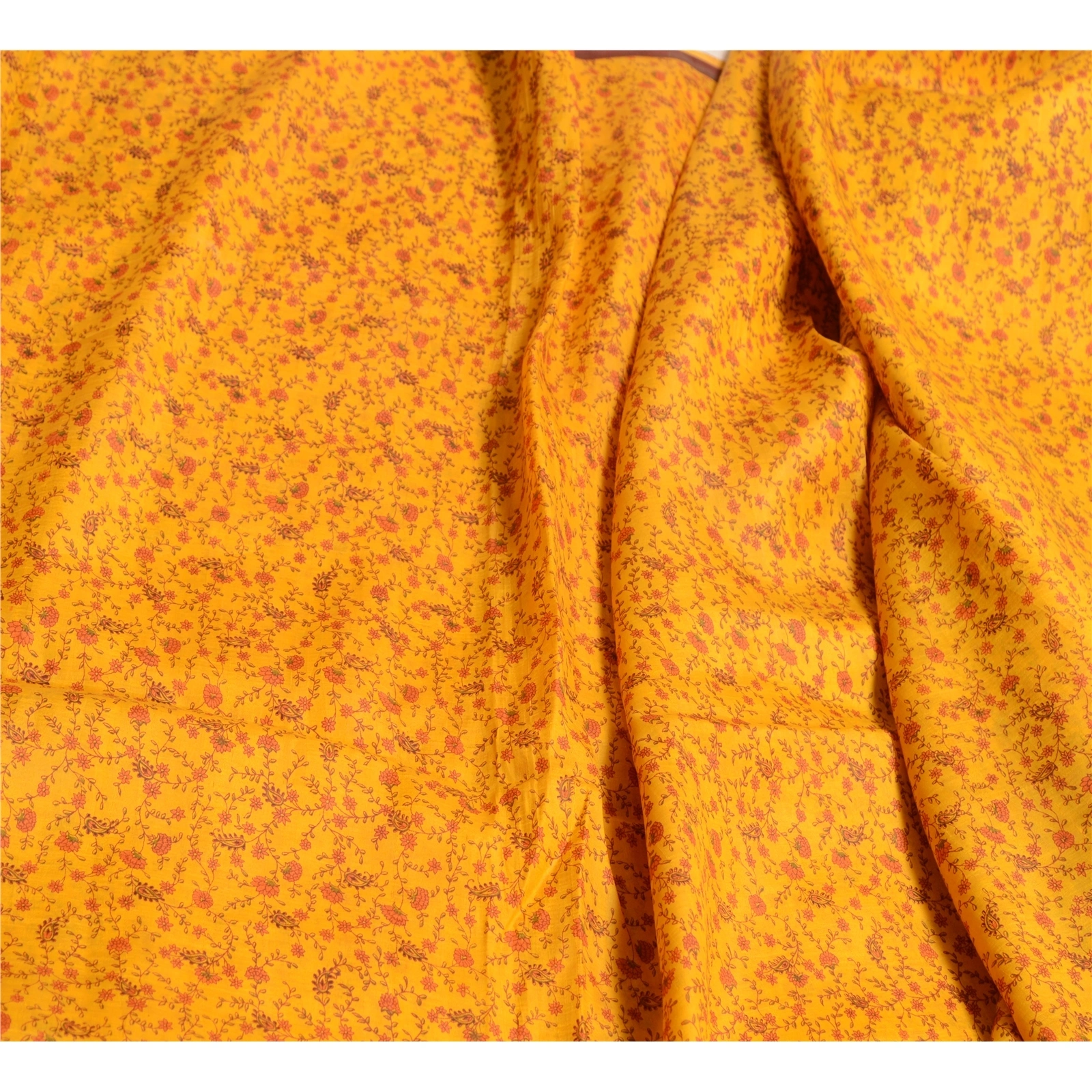 Sanskriti Vintage Yellow Sarees Pure Silk Printed Sari Floral 5Yd Craft Fabric, PR-56617-Yellow-Printed Floral Design-Pure Silk-1