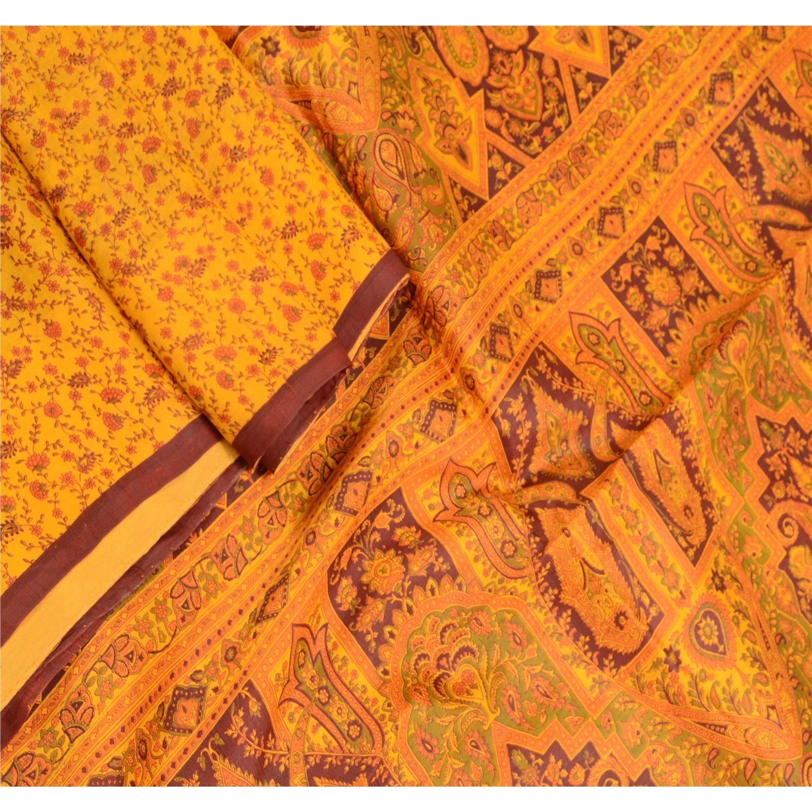 Sanskriti Vintage Yellow Sarees Pure Silk Printed Sari Floral 5Yd Craft Fabric, PR-56617-Yellow-Printed Floral Design-Pure Silk-2