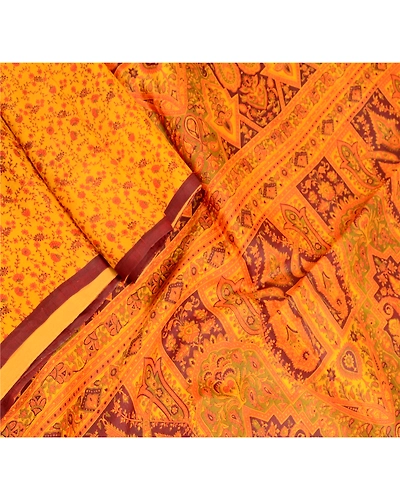 Sanskriti Vintage Yellow Sarees Pure Silk Printed Sari Floral 5Yd Craft Fabric, PR-56617-Yellow-Printed Floral Design-Pure Silk-2