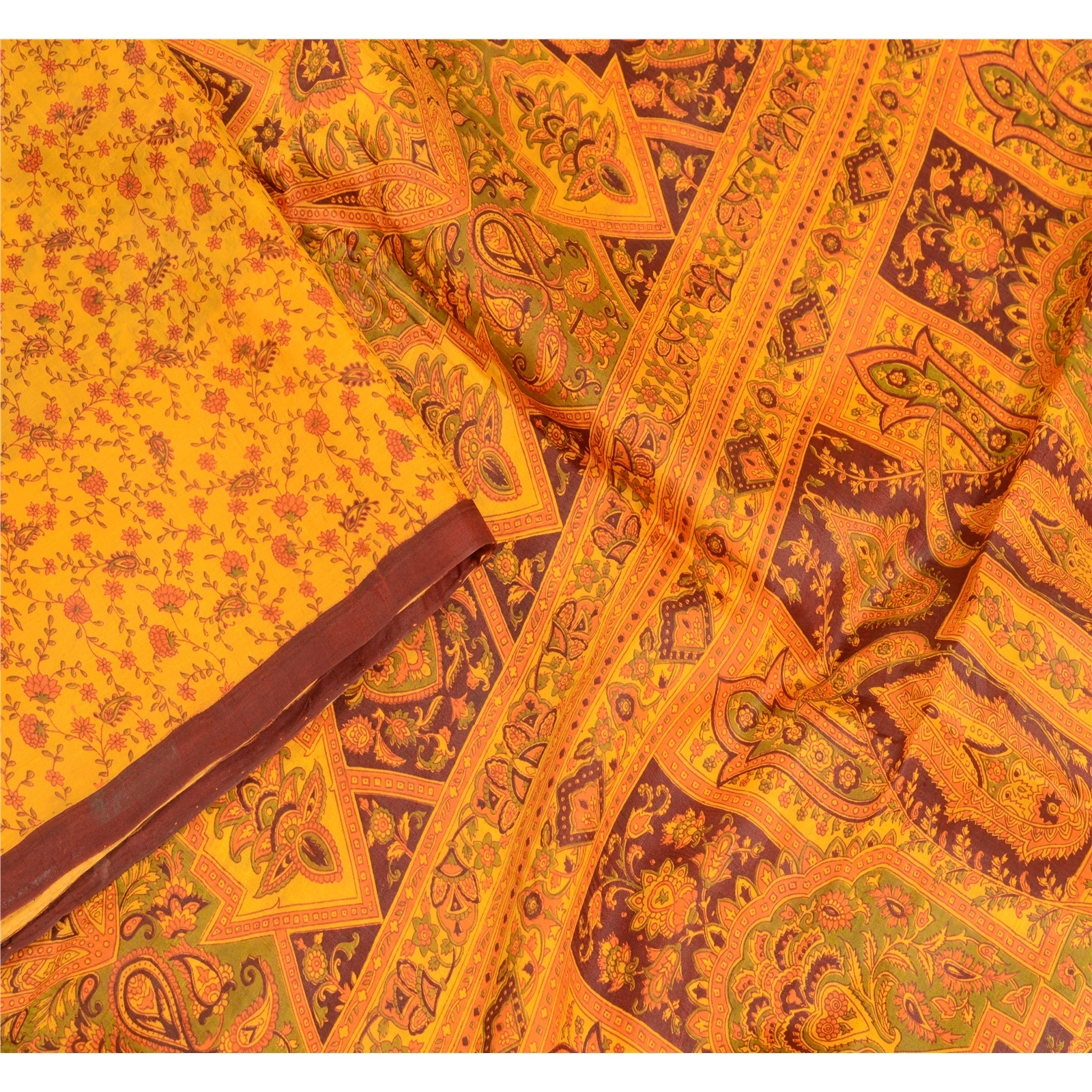 Sanskriti Vintage Yellow Sarees Pure Silk Printed Sari Floral 5Yd Craft Fabric, PR-56617-Yellow-Printed Floral Design-Pure Silk-3