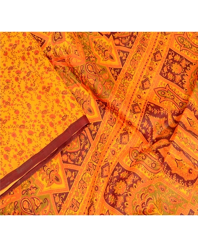 Sanskriti Vintage Yellow Sarees Pure Silk Printed Sari Floral 5Yd Craft Fabric, PR-56617-Yellow-Printed Floral Design-Pure Silk-3