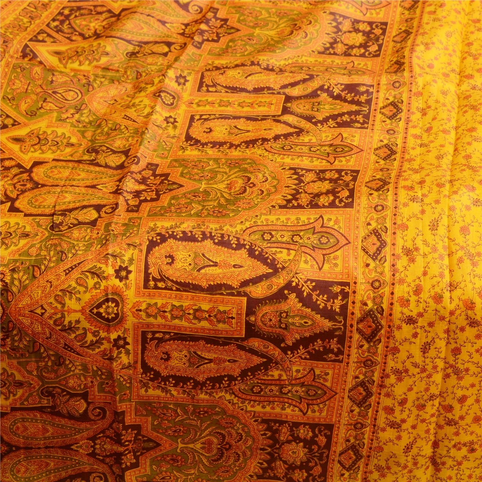 Sanskriti Vintage Yellow Sarees Pure Silk Printed Sari Floral 5Yd Craft Fabric, PR-56617-Yellow-Printed Floral Design-Pure Silk-4