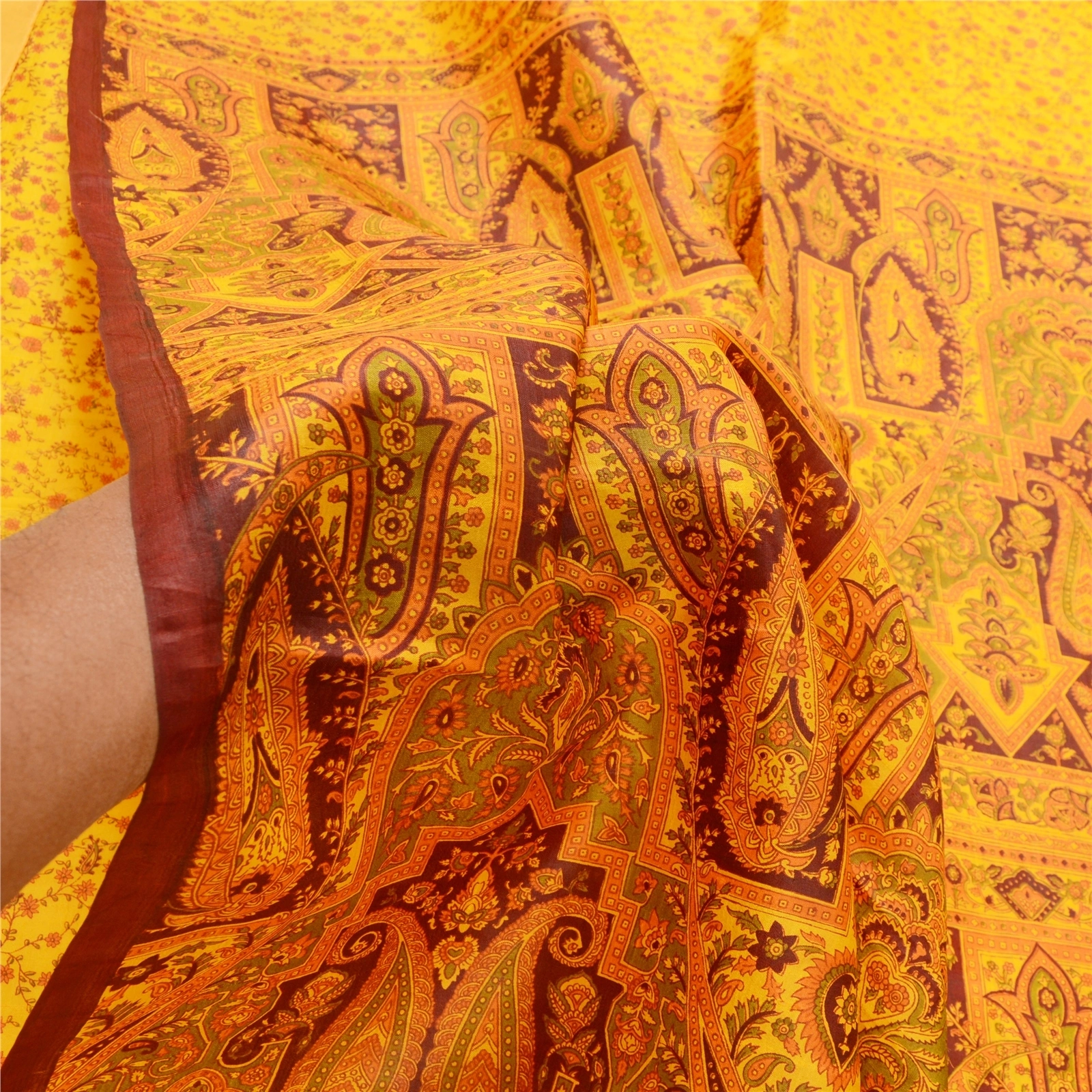 Sanskriti Vintage Yellow Sarees Pure Silk Printed Sari Floral 5Yd Craft Fabric, PR-56617-Yellow-Printed Floral Design-Pure Silk-6