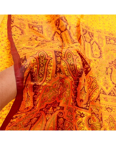 Sanskriti Vintage Yellow Sarees Pure Silk Printed Sari Floral 5Yd Craft Fabric, PR-56617-Yellow-Printed Floral Design-Pure Silk-6