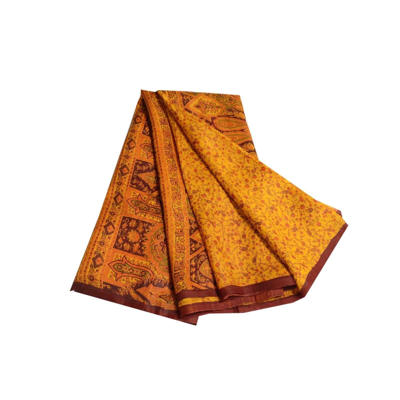 Sanskriti Vintage Yellow Sarees Pure Silk Printed Sari Floral 5Yd Craft Fabric, PR-56617-Yellow-Printed Floral Design-Pure Silk-7