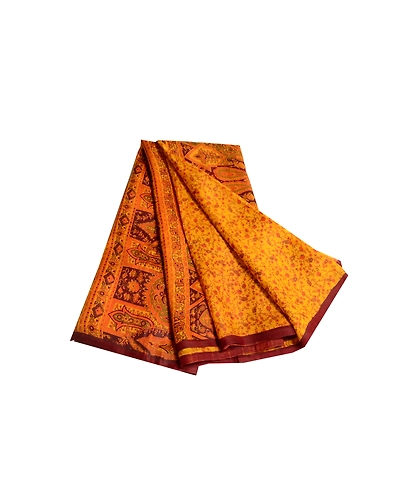 Sanskriti Vintage Yellow Sarees Pure Silk Printed Sari Floral 5Yd Craft Fabric, PR-56617-Yellow-Printed Floral Design-Pure Silk-7