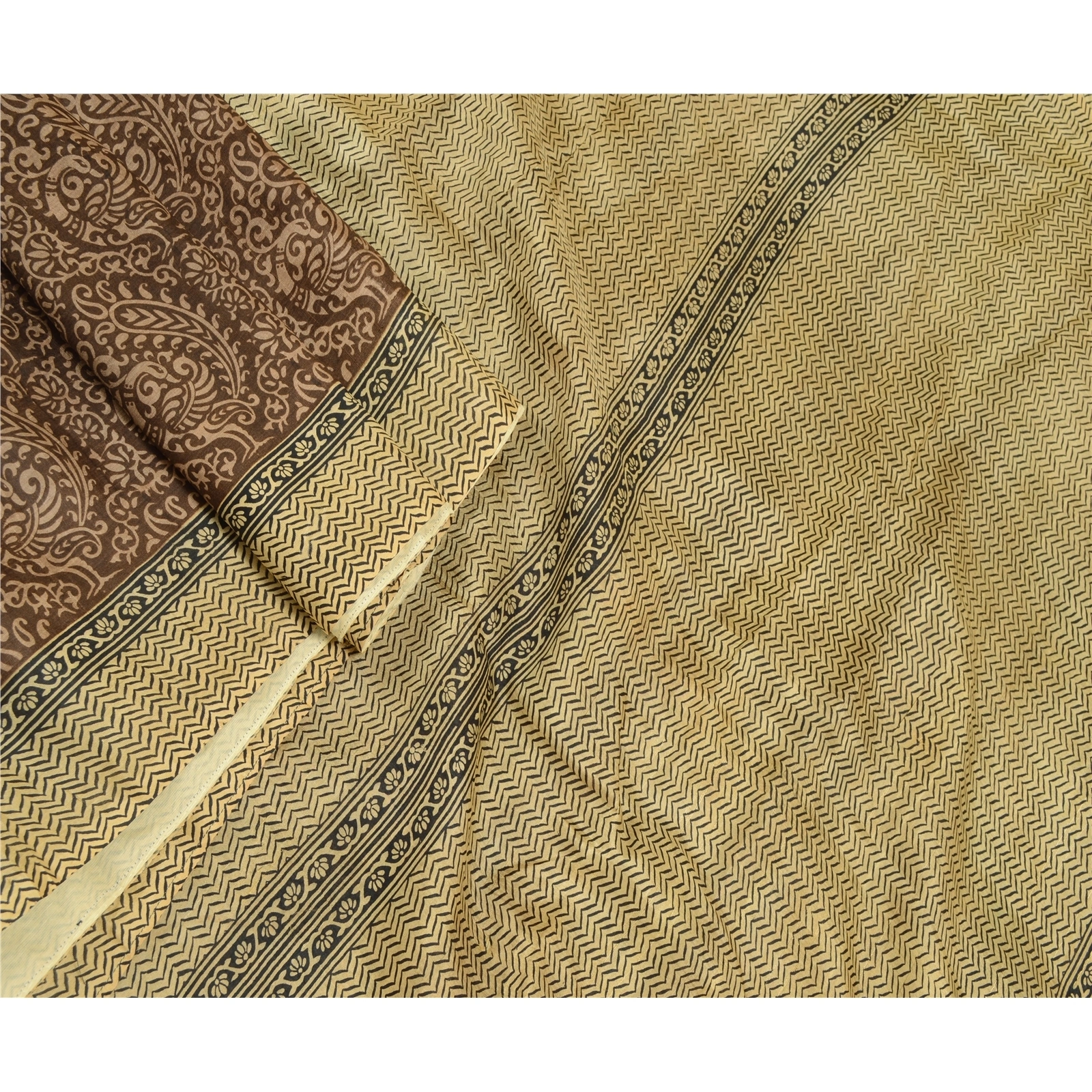 Sanskriti Vintage Brown Sarees 100% Pure Silk Block Printed Sari Craft Fabric, PR-56686-Brown &amp; Black-Printed Floral Design-Pure Silk-1