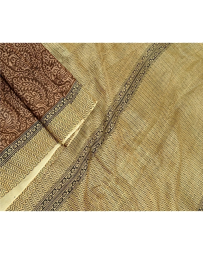 Sanskriti Vintage Brown Sarees 100% Pure Silk Block Printed Sari Craft Fabric, PR-56686-Brown &amp; Black-Printed Floral Design-Pure Silk-1