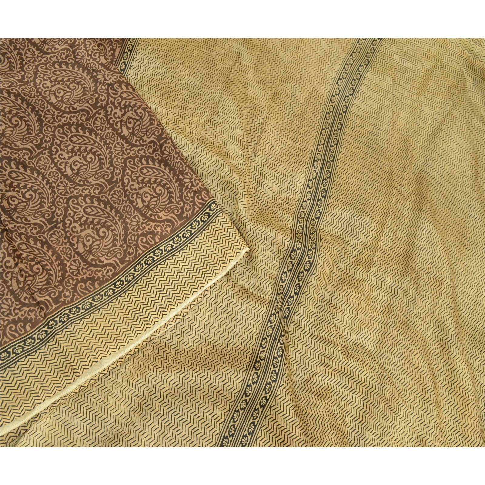 Sanskriti Vintage Brown Sarees 100% Pure Silk Block Printed Sari Craft Fabric, PR-56686-Brown &amp; Black-Printed Floral Design-Pure Silk-2