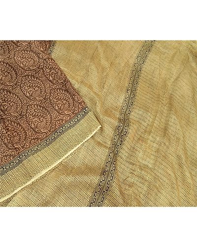 Sanskriti Vintage Brown Sarees 100% Pure Silk Block Printed Sari Craft Fabric, PR-56686-Brown &amp; Black-Printed Floral Design-Pure Silk-2