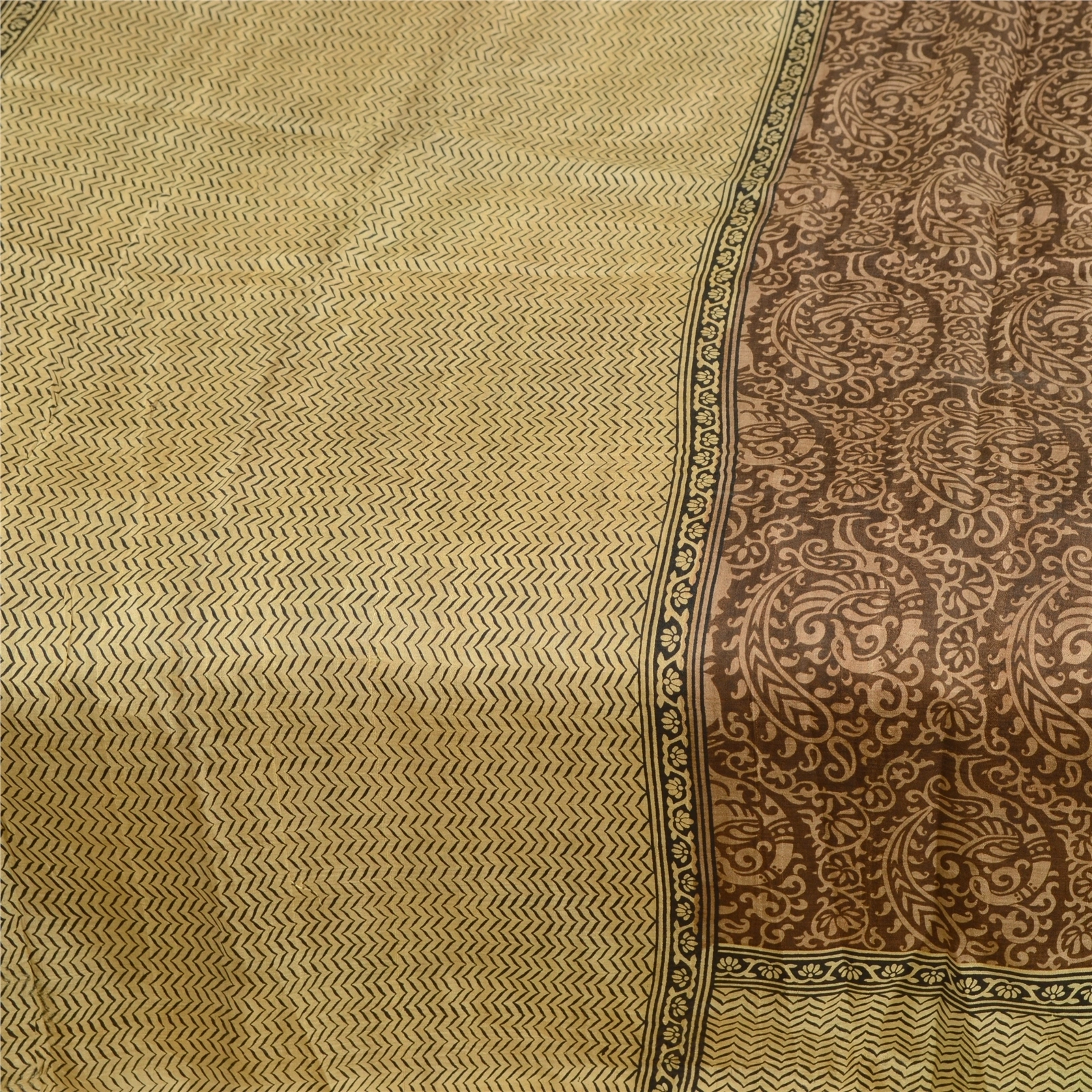 Sanskriti Vintage Brown Sarees 100% Pure Silk Block Printed Sari Craft Fabric, PR-56686-Brown &amp; Black-Printed Floral Design-Pure Silk-3