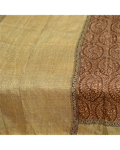 Sanskriti Vintage Brown Sarees 100% Pure Silk Block Printed Sari Craft Fabric, PR-56686-Brown &amp; Black-Printed Floral Design-Pure Silk-3