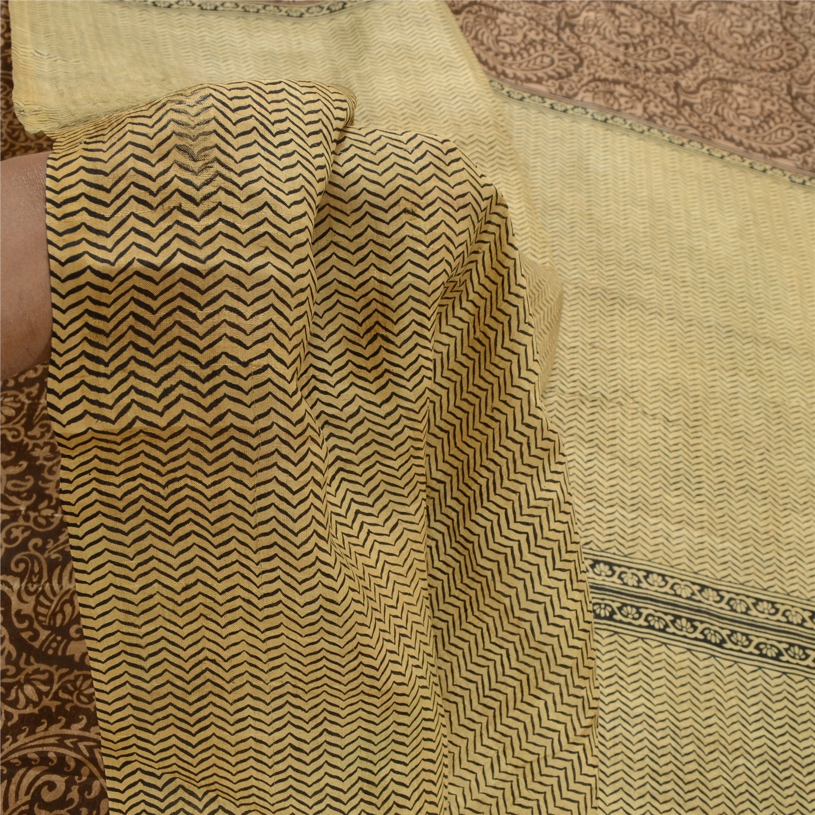 Sanskriti Vintage Brown Sarees 100% Pure Silk Block Printed Sari Craft Fabric, PR-56686-Brown &amp; Black-Printed Floral Design-Pure Silk-5