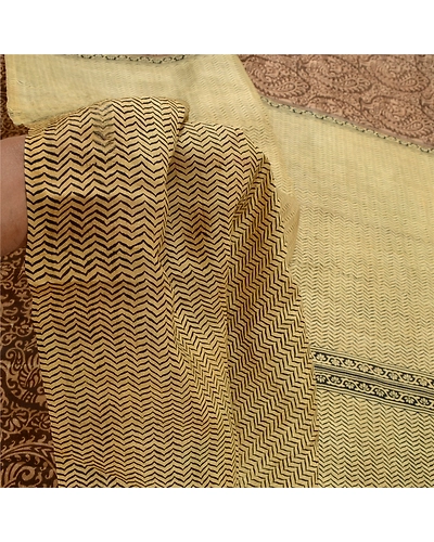 Sanskriti Vintage Brown Sarees 100% Pure Silk Block Printed Sari Craft Fabric, PR-56686-Brown &amp; Black-Printed Floral Design-Pure Silk-5