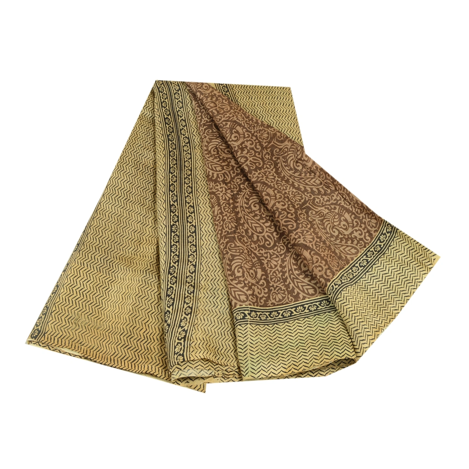 Sanskriti Vintage Brown Sarees 100% Pure Silk Block Printed Sari Craft Fabric, PR-56686-Brown &amp; Black-Printed Floral Design-Pure Silk-6