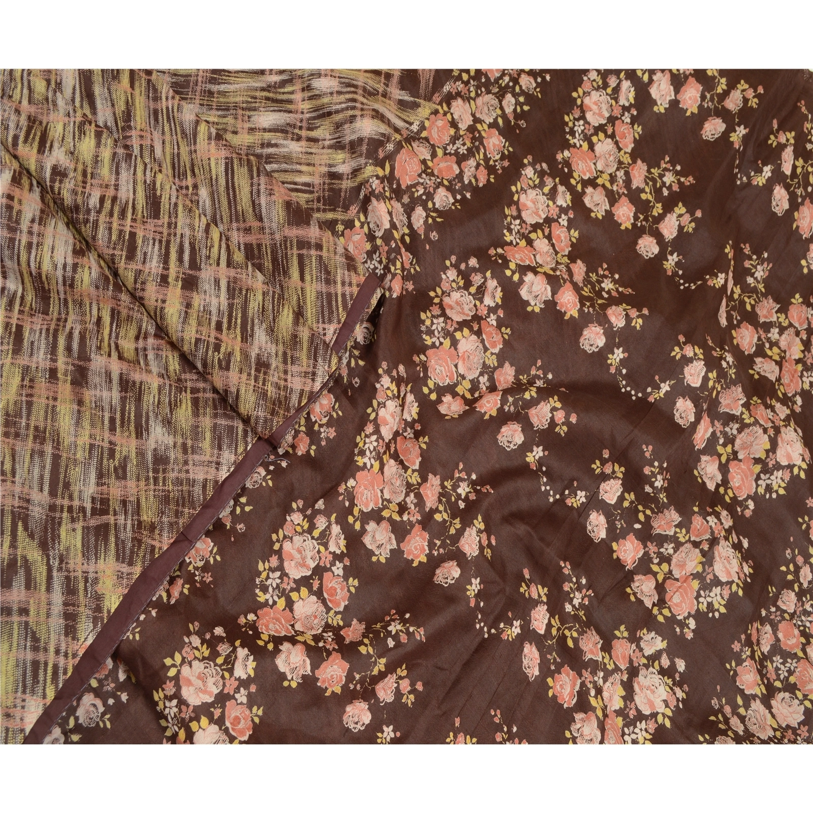 Sanskriti Vintage Coffee-Brown Sarees Pure Silk Floral Printed Sari Craft Fabric, PR-56768-Brown-Printed Floral Design-Pure Silk-1