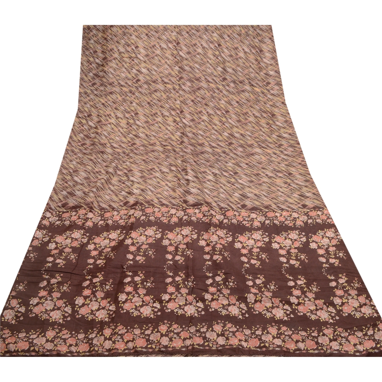 Sanskriti Vintage Coffee-Brown Sarees Pure Silk Floral Printed Sari Craft Fabric, PR-56768-Brown-Printed Floral Design-Pure Silk-7