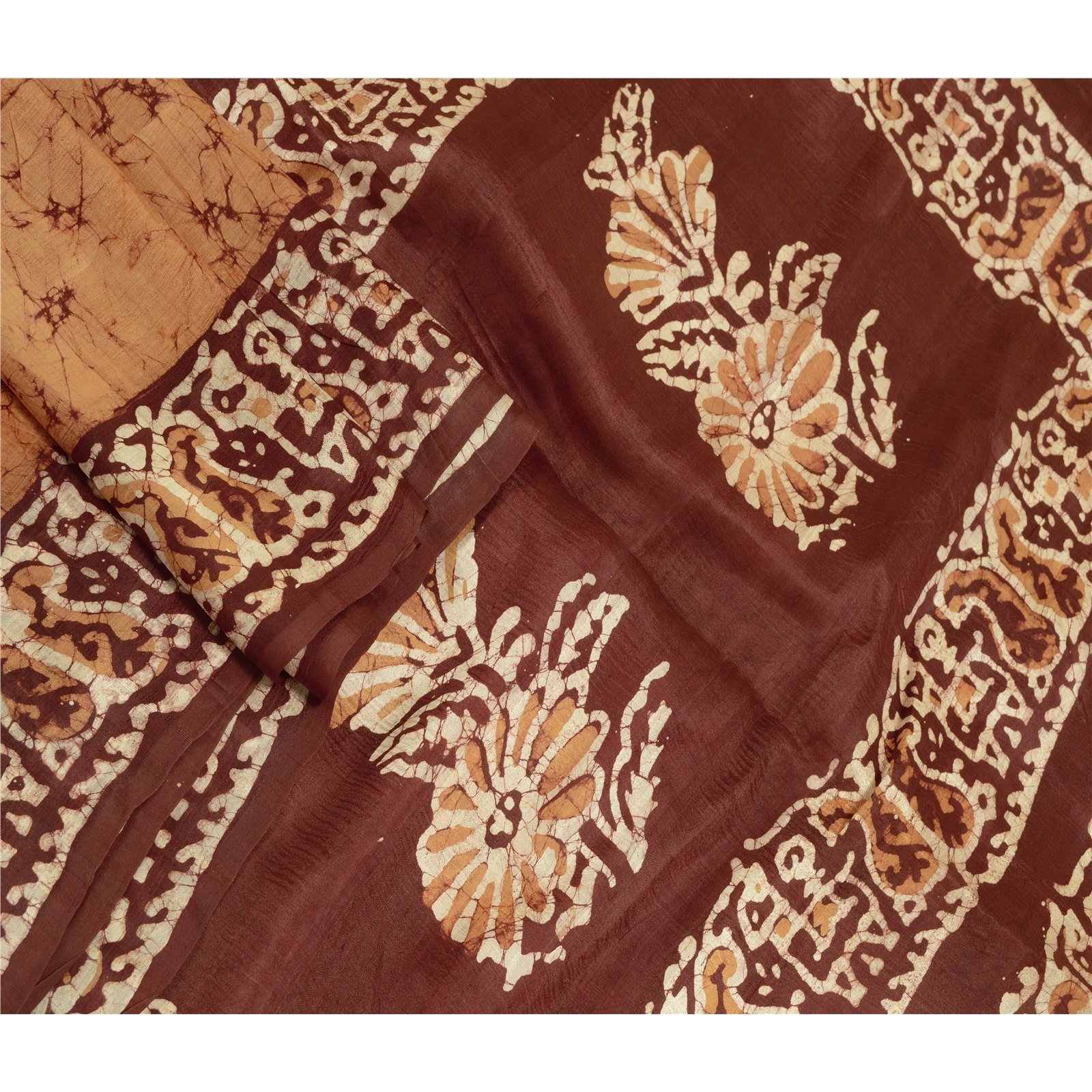 Sanskriti Vintage Indian Sarees Pure Silk Batik Printed Sari Soft Craft Fabric, PR-56778-Saffron-Printed Floral Design-Pure Silk-1