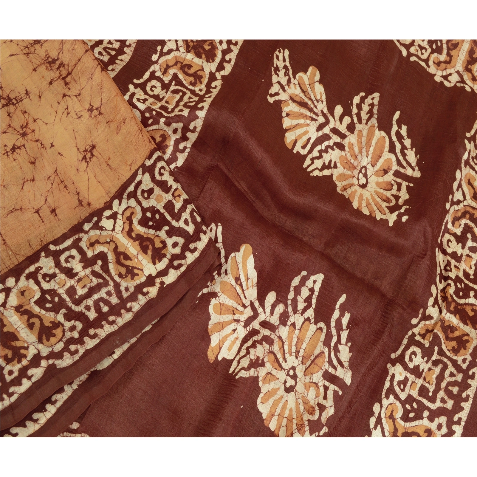 Sanskriti Vintage Indian Sarees Pure Silk Batik Printed Sari Soft Craft Fabric, PR-56778-Saffron-Printed Floral Design-Pure Silk-2