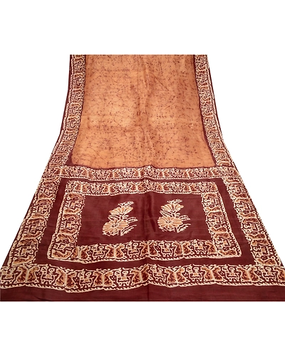 Sanskriti Vintage Indian Sarees Pure Silk Batik Printed Sari Soft Craft Fabric, PR-56778-Saffron-Printed Floral Design-Pure Silk-8