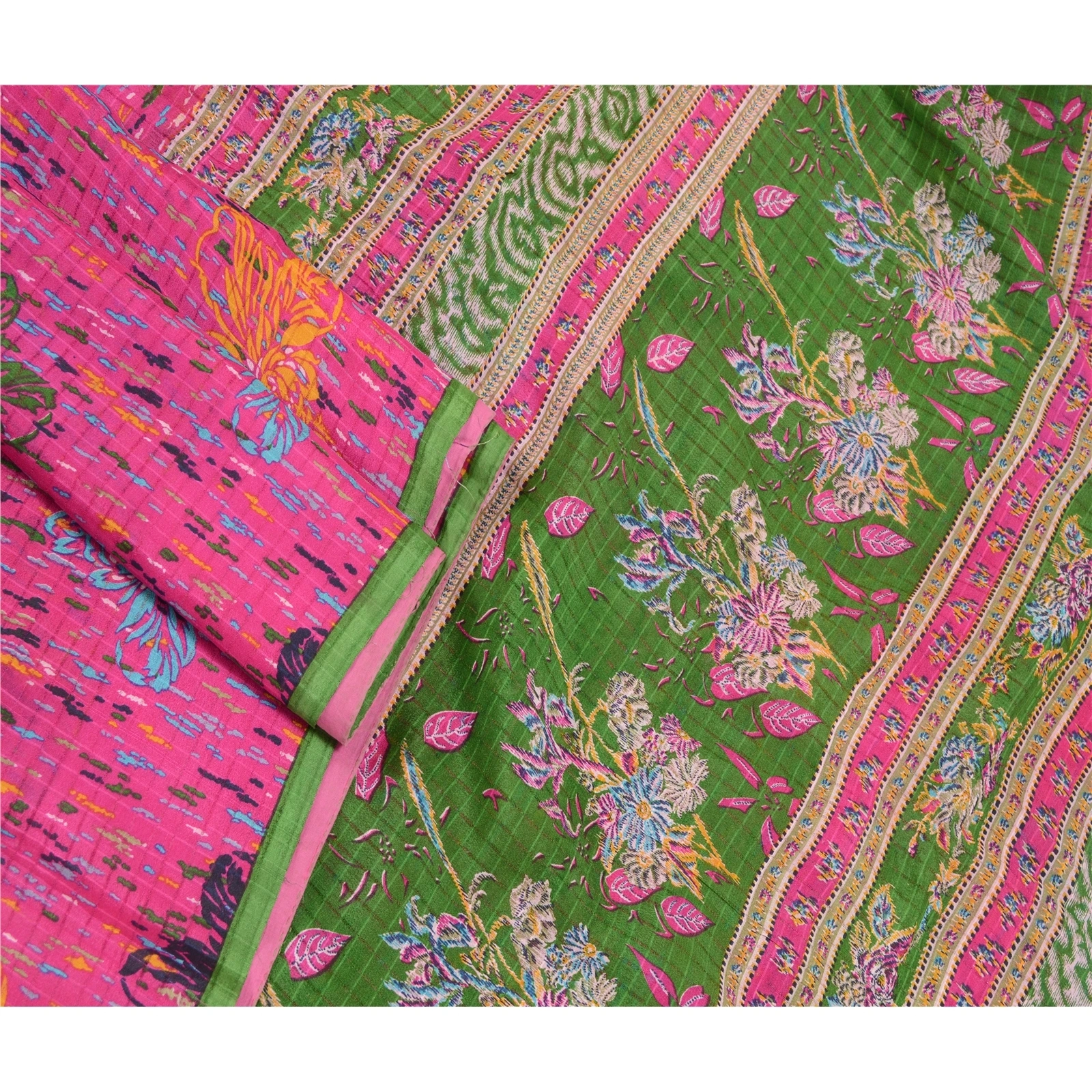 Sanskriti Vintage Pink Sarees 100% Pure Silk Printed Sari Floral Craft Fabric, PR-56806-Green-Printed Floral Design-Pure Silk-1