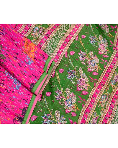 Sanskriti Vintage Pink Sarees 100% Pure Silk Printed Sari Floral Craft Fabric, PR-56806-Green-Printed Floral Design-Pure Silk-1