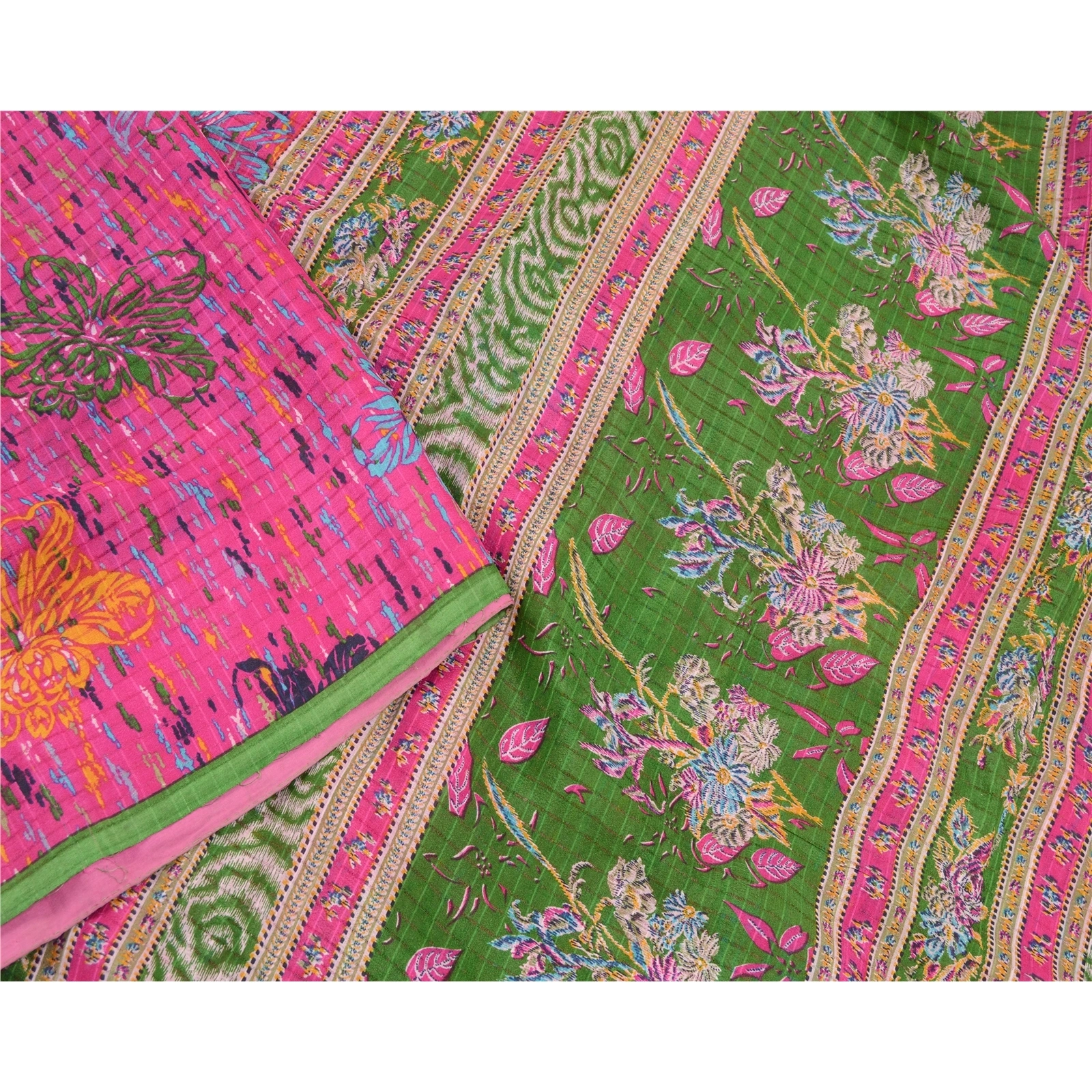 Sanskriti Vintage Pink Sarees 100% Pure Silk Printed Sari Floral Craft Fabric, PR-56806-Green-Printed Floral Design-Pure Silk-2