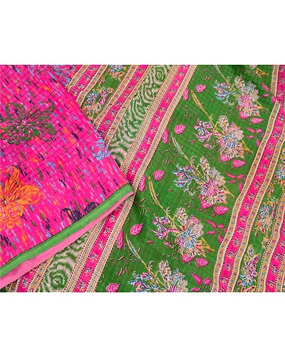 Sanskriti Vintage Pink Sarees 100% Pure Silk Printed Sari Floral Craft Fabric, PR-56806-Green-Printed Floral Design-Pure Silk-2