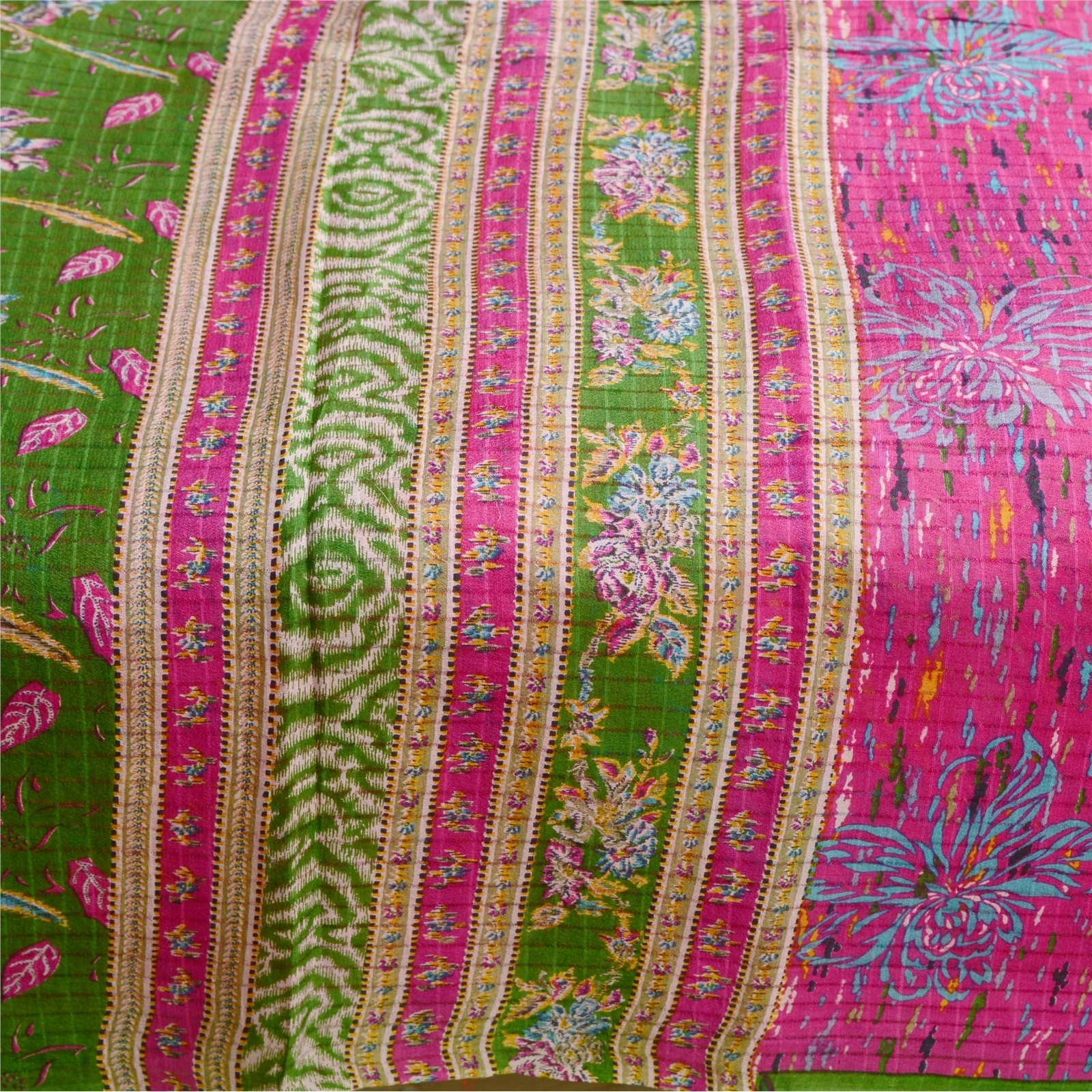 Sanskriti Vintage Pink Sarees 100% Pure Silk Printed Sari Floral Craft Fabric, PR-56806-Green-Printed Floral Design-Pure Silk-3