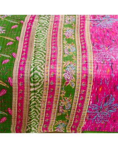 Sanskriti Vintage Pink Sarees 100% Pure Silk Printed Sari Floral Craft Fabric, PR-56806-Green-Printed Floral Design-Pure Silk-3