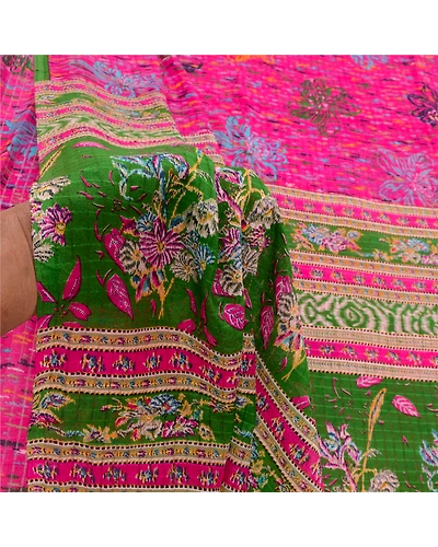 Sanskriti Vintage Pink Sarees 100% Pure Silk Printed Sari Floral Craft Fabric, PR-56806-Green-Printed Floral Design-Pure Silk-5