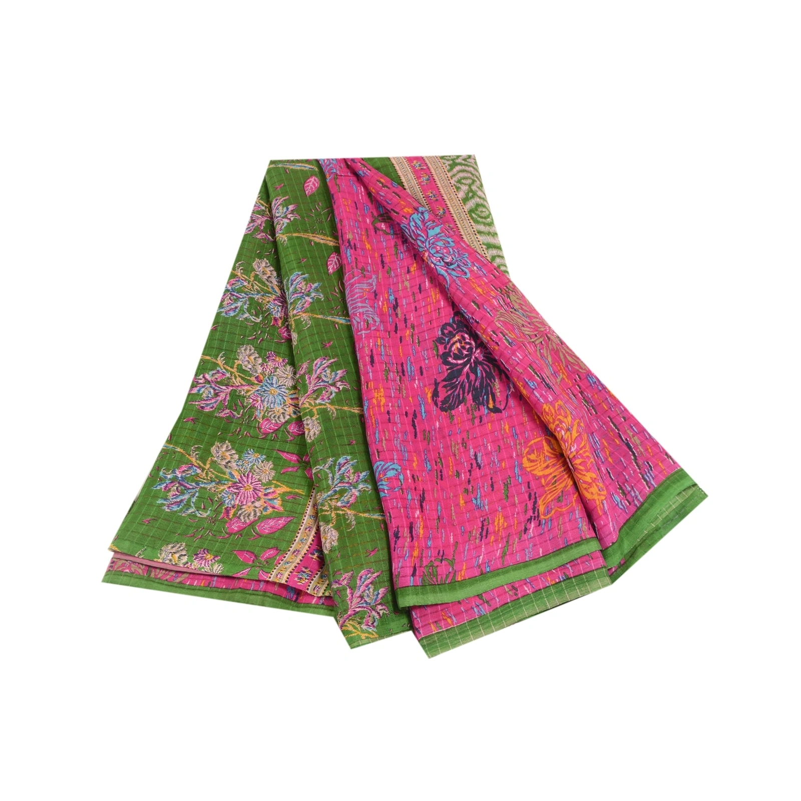 Sanskriti Vintage Pink Sarees 100% Pure Silk Printed Sari Floral Craft Fabric, PR-56806-Green-Printed Floral Design-Pure Silk-6