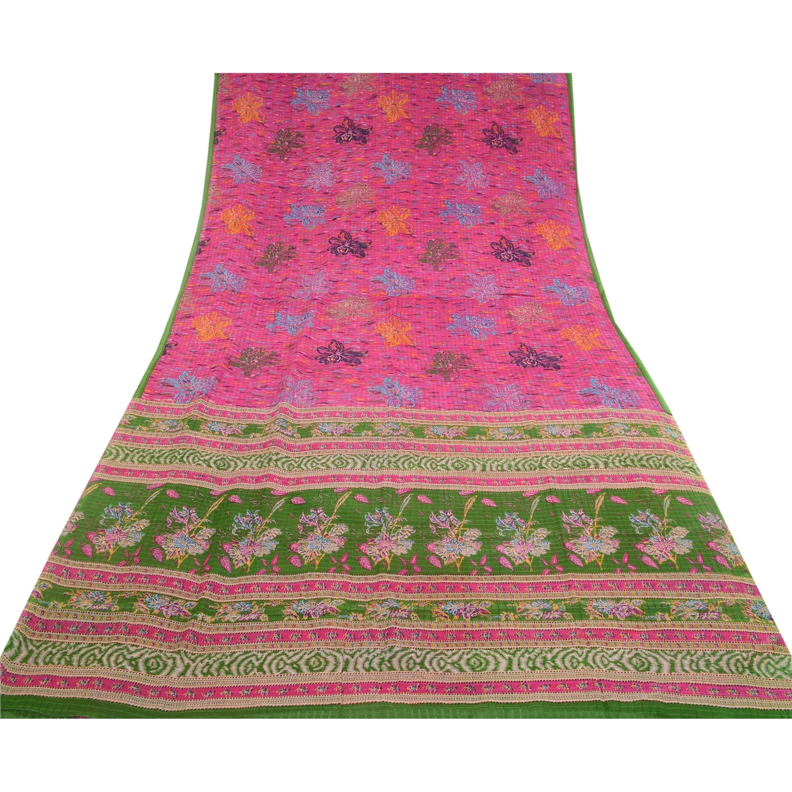 Sanskriti Vintage Pink Sarees 100% Pure Silk Printed Sari Floral Craft Fabric, PR-56806-Green-Printed Floral Design-Pure Silk-7