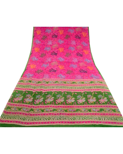 Sanskriti Vintage Pink Sarees 100% Pure Silk Printed Sari Floral Craft Fabric, PR-56806-Green-Printed Floral Design-Pure Silk-7