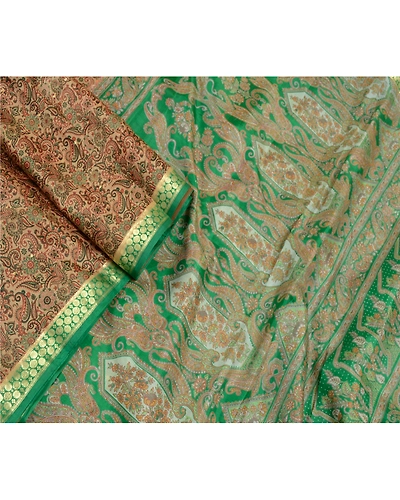 Sanskriti Vintage Brown Sarees Pure Silk Printed Sari Woven Soft Craft Fabric, PR-56833-Brown &amp; Green-Printed Floral Design-Pure Silk-1