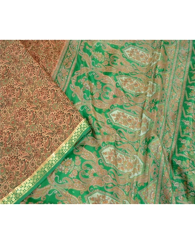 Sanskriti Vintage Brown Sarees Pure Silk Printed Sari Woven Soft Craft Fabric, PR-56833-Brown &amp; Green-Printed Floral Design-Pure Silk-2