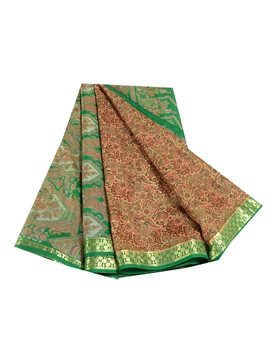 Sanskriti Vintage Brown Sarees Pure Silk Printed Sari Woven Soft Craft Fabric, PR-56833-Brown &amp; Green-Printed Floral Design-Pure Silk-6