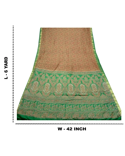 Sanskriti Vintage Brown Sarees Pure Silk Printed Sari Woven Soft Craft Fabric, PR-56833-Brown &amp; Green-Printed Floral Design-Pure Silk-8