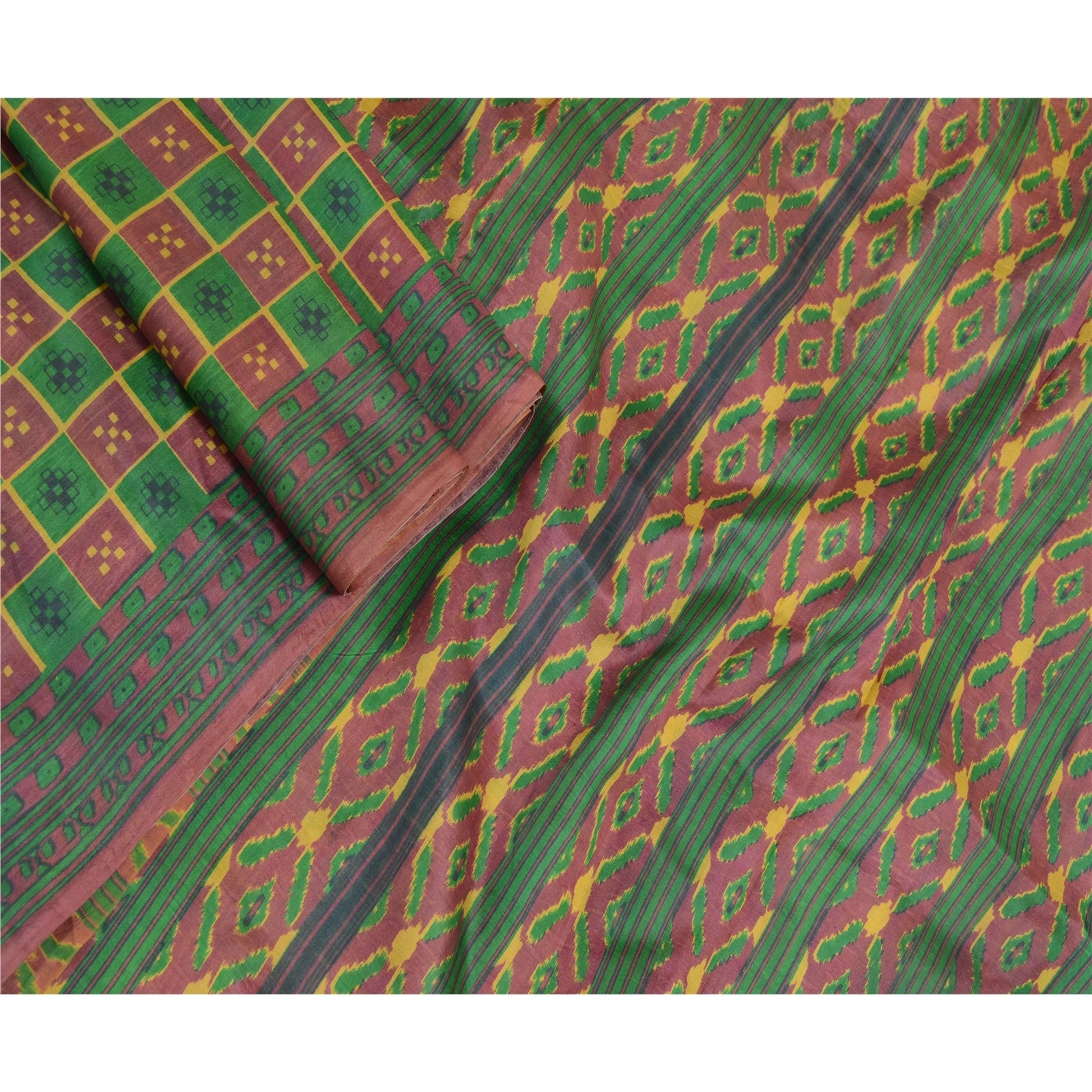 Sanskriti Vintage Green &amp; Purple Ikat Printed Sarees Pure Silk Sari Craft Fabric, PR-56944-Green &amp; Purple-Printed Work-100% Pure Silk-1