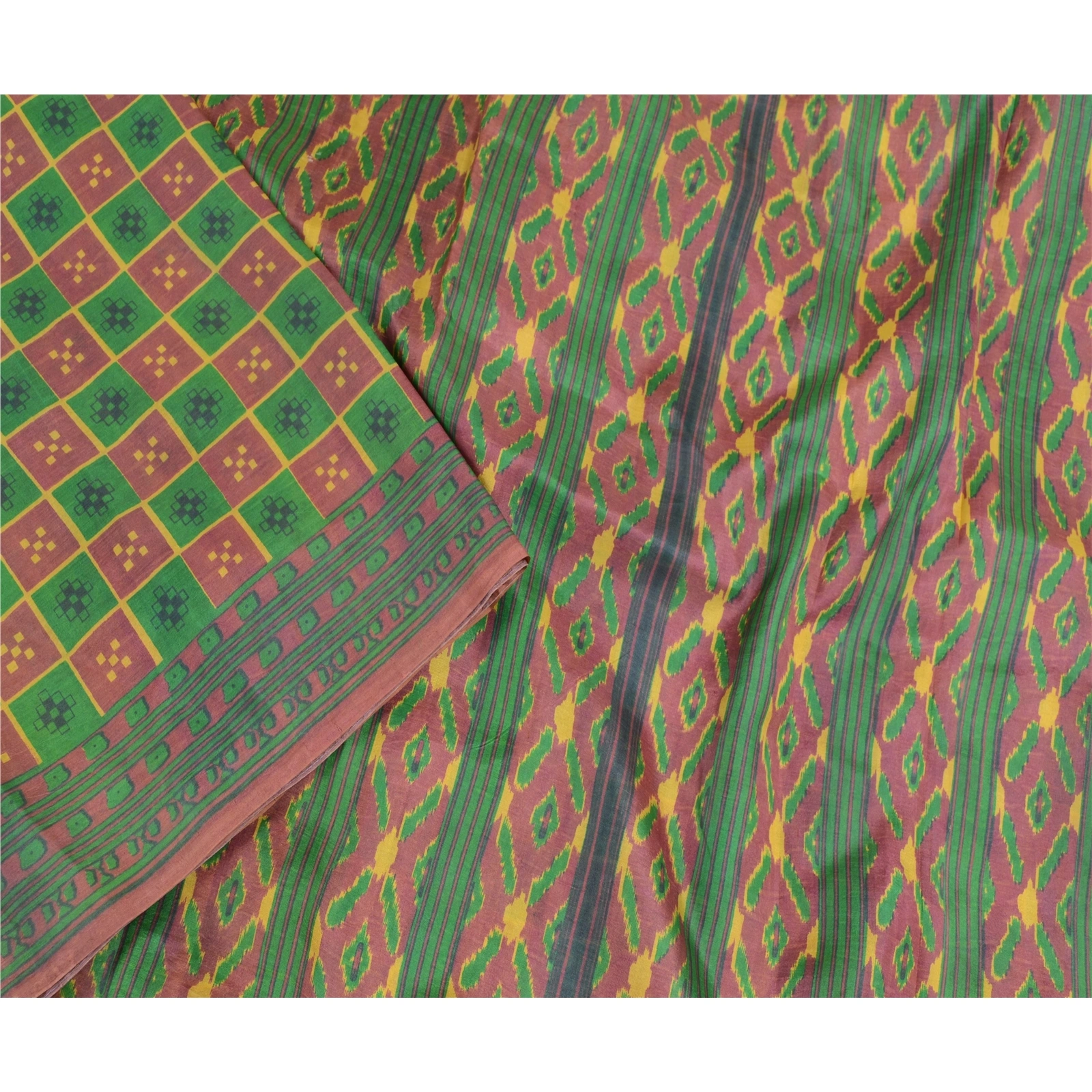 Sanskriti Vintage Green &amp; Purple Ikat Printed Sarees Pure Silk Sari Craft Fabric, PR-56944-Green &amp; Purple-Printed Work-100% Pure Silk-2