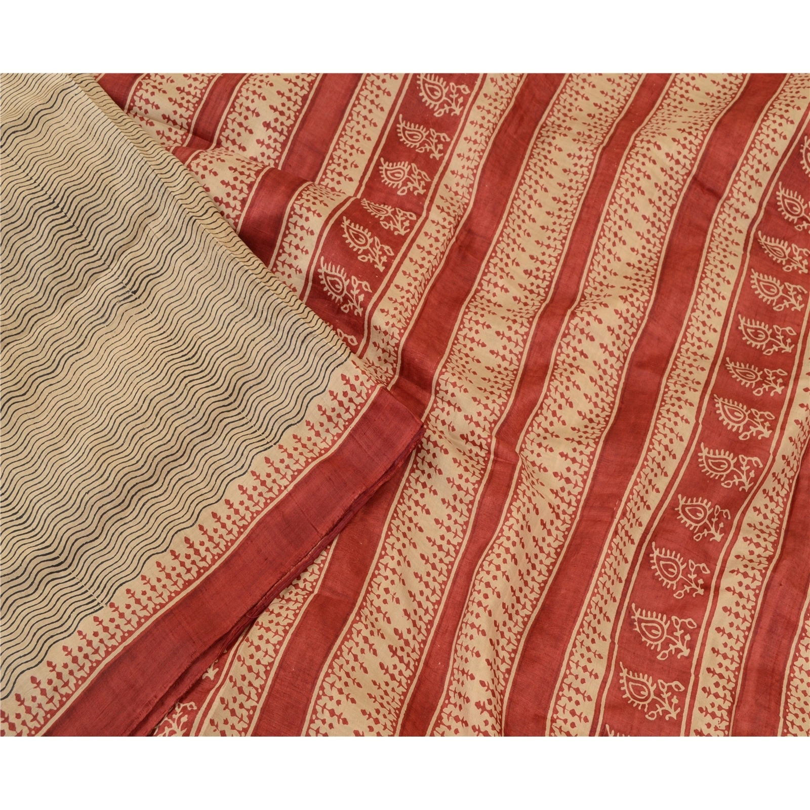 Sanskriti Vintage Cream &amp; Red Pure Silk Sarees Printed Sari Soft Craft Fabric, PR-56978-Cream &amp; Red-Printed Floral Design-Pure Silk-2