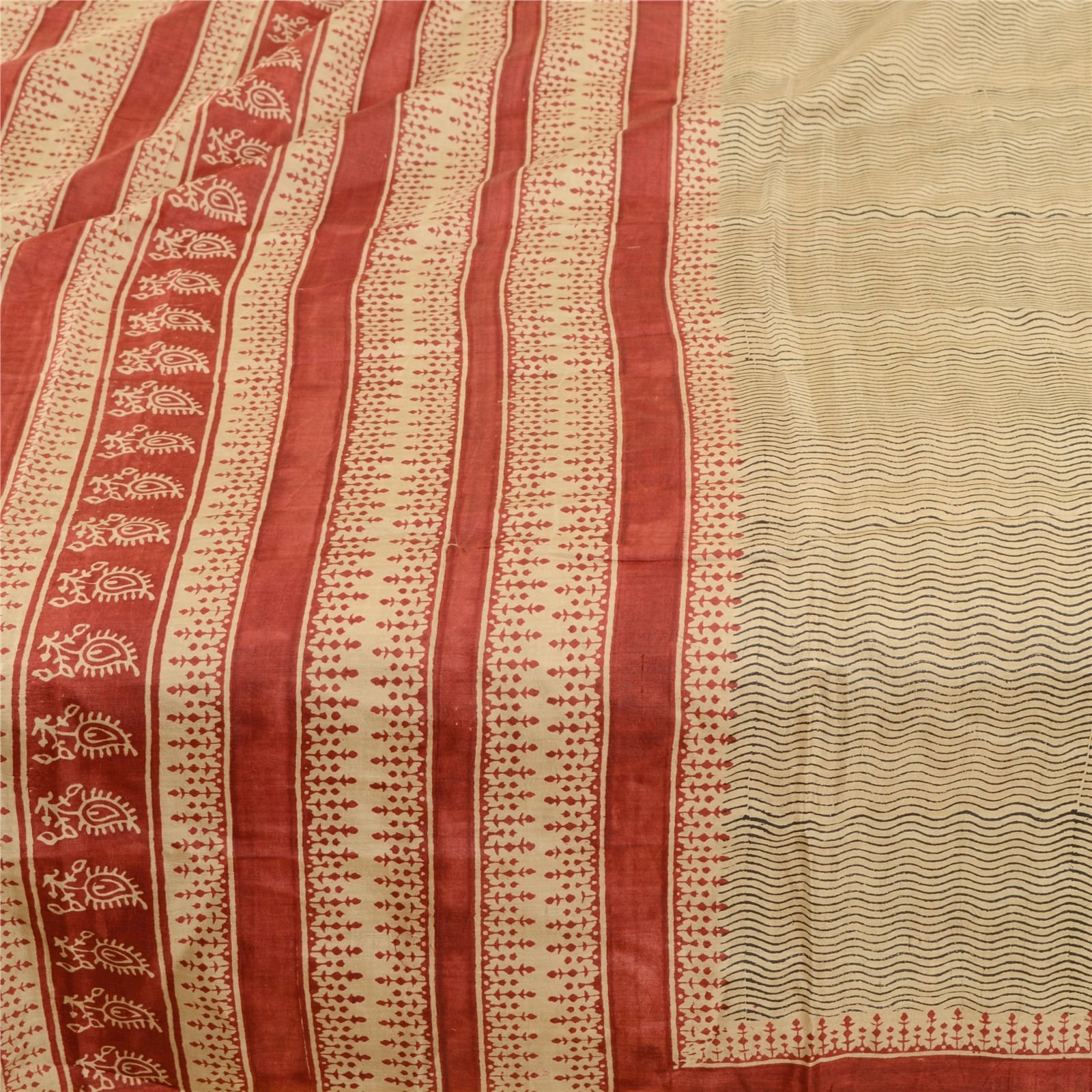 Sanskriti Vintage Cream &amp; Red Pure Silk Sarees Printed Sari Soft Craft Fabric, PR-56978-Cream &amp; Red-Printed Floral Design-Pure Silk-3