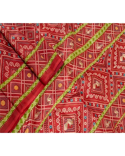 Sanskriti Vintage Indian Bandhani Pure Silk Sarees Red Printed Sari Craft Fabric, PR-56994-Red-Printed Floral Design-Pure Silk-1