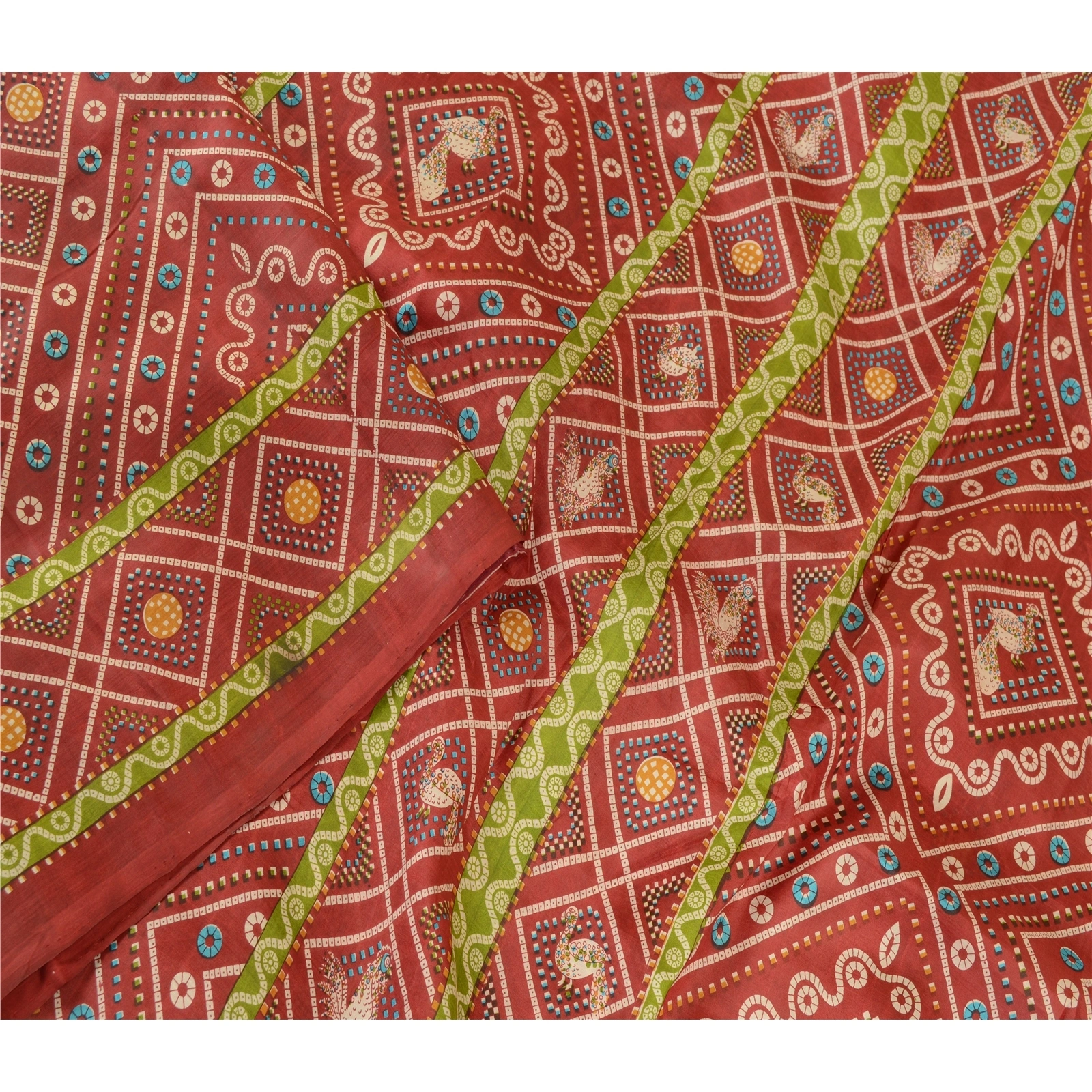 Sanskriti Vintage Indian Bandhani Pure Silk Sarees Red Printed Sari Craft Fabric, PR-56994-Red-Printed Floral Design-Pure Silk-2