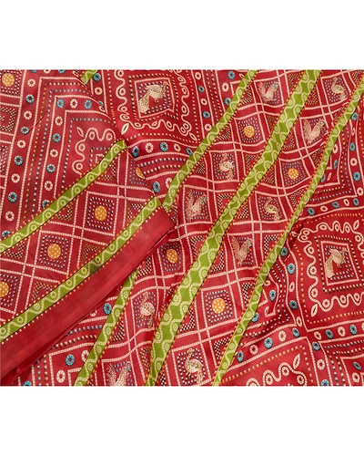 Sanskriti Vintage Indian Bandhani Pure Silk Sarees Red Printed Sari Craft Fabric, PR-56994-Red-Printed Floral Design-Pure Silk-2