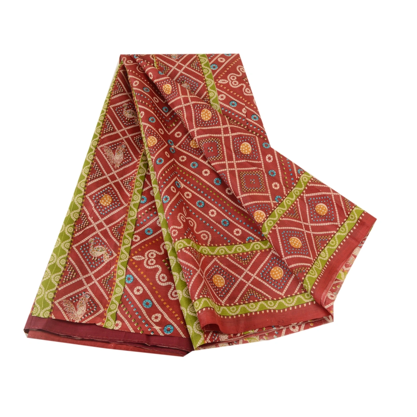 Sanskriti Vintage Indian Bandhani Pure Silk Sarees Red Printed Sari Craft Fabric, PR-56994-Red-Printed Floral Design-Pure Silk-7