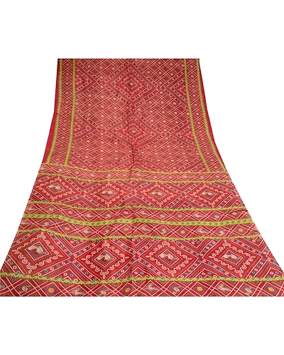 Sanskriti Vintage Indian Bandhani Pure Silk Sarees Red Printed Sari Craft Fabric, PR-56994-Red-Printed Floral Design-Pure Silk-8