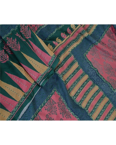 Sanskriti Vintage Pink Indian Sarees Art Silk Floral Printed Sari Craft Fabric, PR-57044-Pink &amp; Teal-Artificial Silk-1