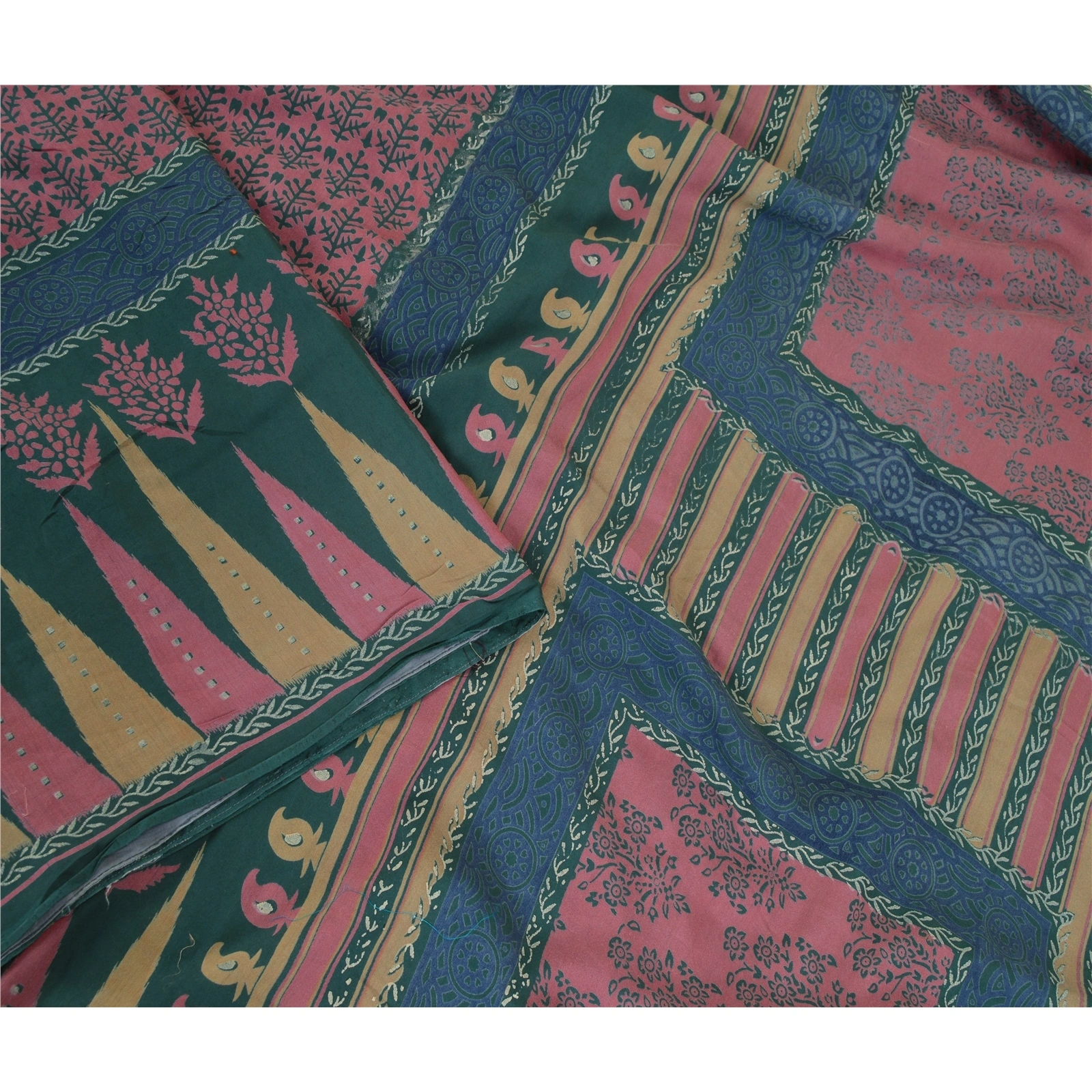 Sanskriti Vintage Pink Indian Sarees Art Silk Floral Printed Sari Craft Fabric, PR-57044-Pink &amp; Teal-Artificial Silk-2